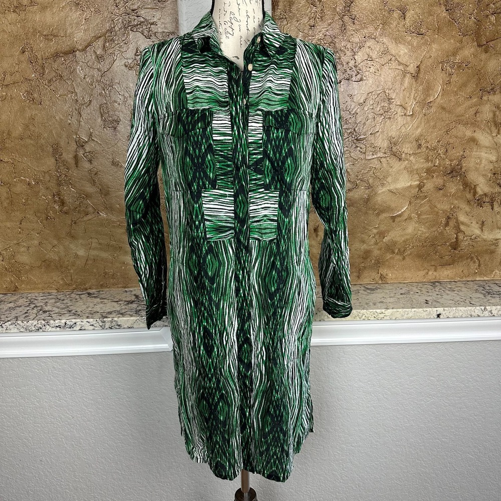 Derek Lam Shirt Dress Womens‎ Small Geometric Ikat Print Tunic Boho Green Cotton